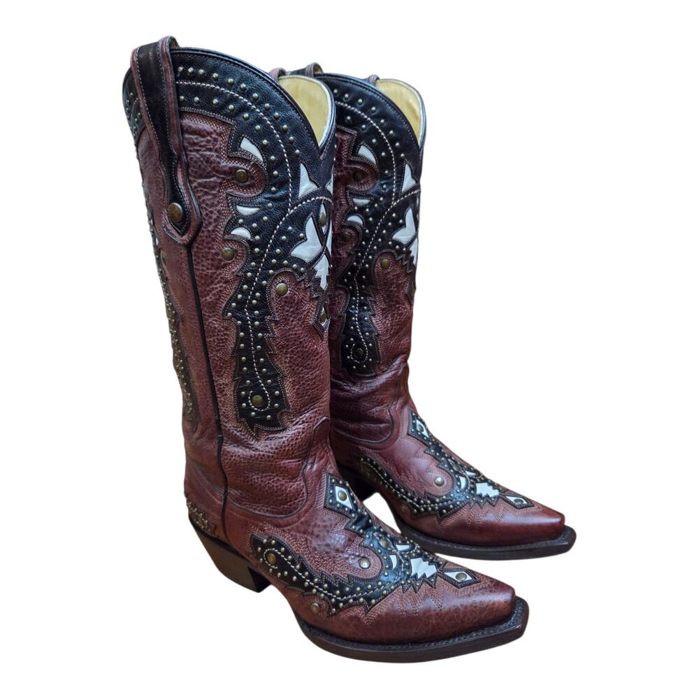 Corral Women's Cordovan Studded Overlay Cowgirl Boot Snip Toe, Sz 6.5 (fits a 7)